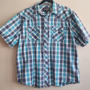 Moonshine Spirit Shirt Mens Medium Blue Plaid Short Sleeve Western Pearl Snap